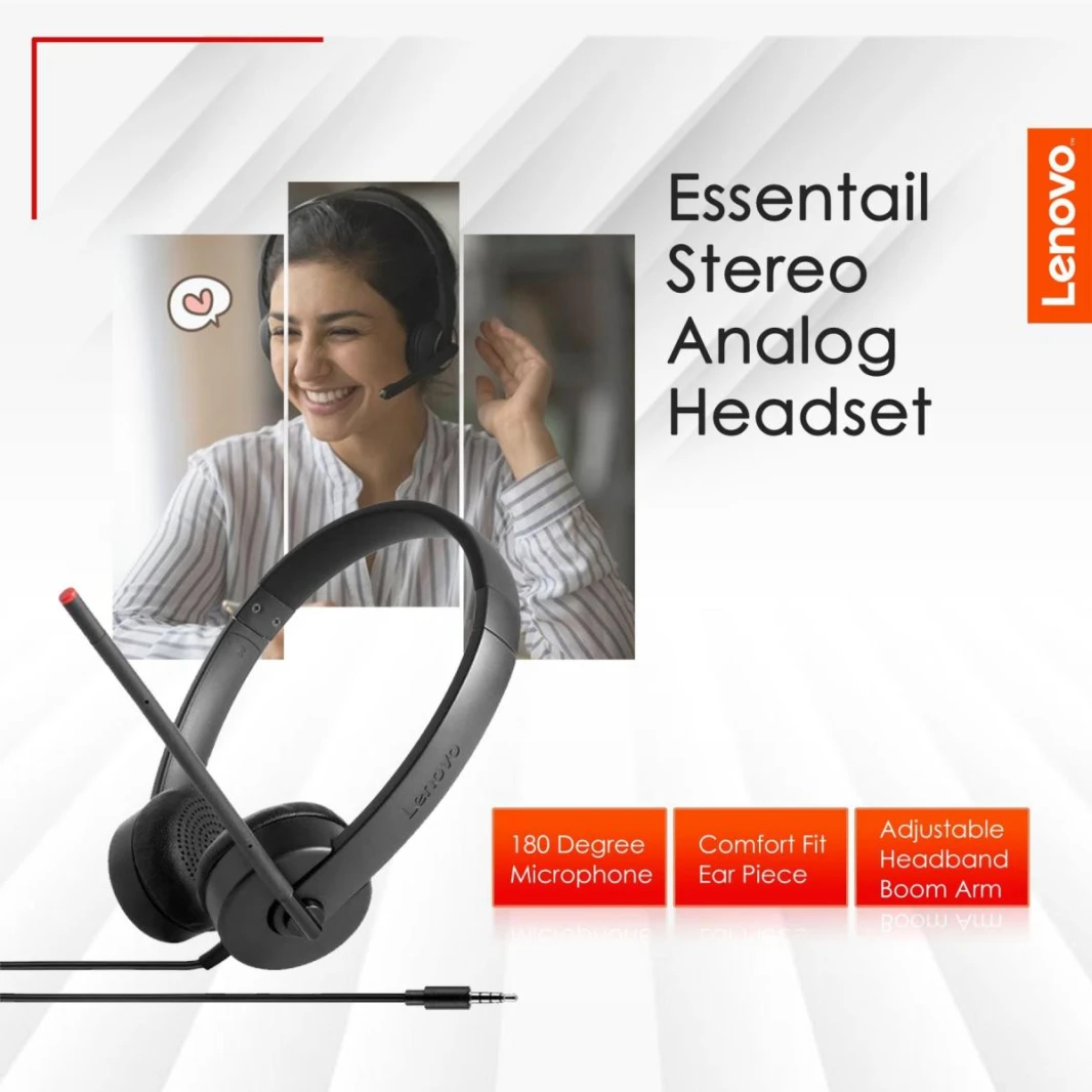 Lenovo Essential Stereo Analog Headset, VOIP, 180 Degree Microphone, Fits standard 3.5mm port with your laptop or workstation, Comfort fit ear piece