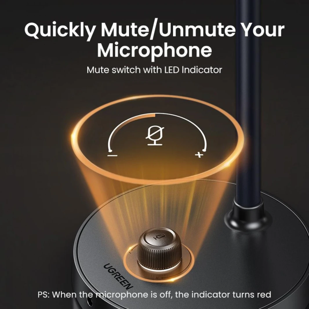 UGREEN CM564 USB Desktop Omnidirectional Microphone with Built-In Volume and Mute Controls, Intelligent Noise Reduction, and Adjustable Body for Video Conference, Live Streaming and Recording
