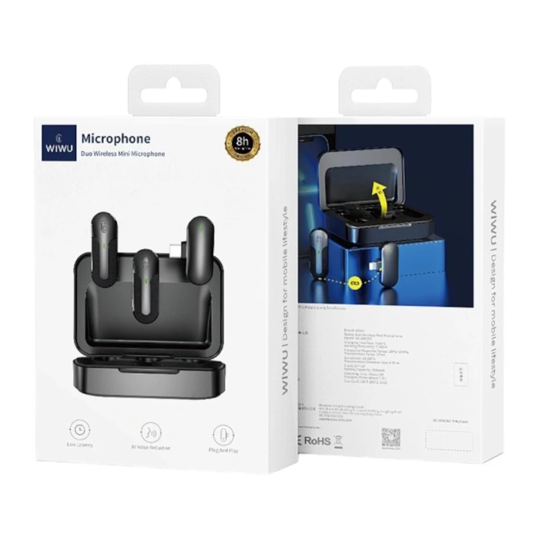 WIWU Wi-WM002 Dual Mini, Low Latency, AI Noise Reduction, Plug And Play, Wireless Microphone For Type-C - 18 Months Warranty