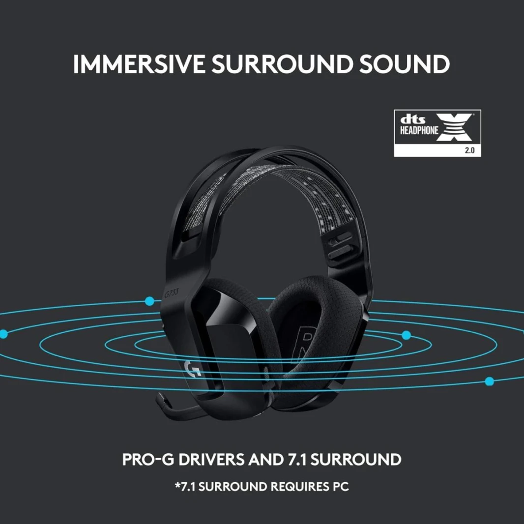 Logitech G733 Lightspeed Wireless Gaming Headset with Suspension Headband, Lightsync RGB, Blue VO!CE mic technology and PRO-G audio drivers - Black
