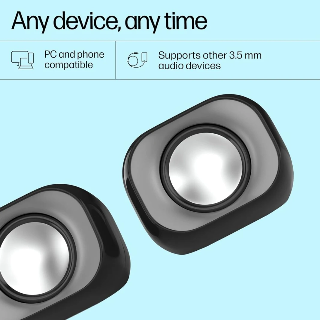 HP DHS-2111 Wired Speaker, 2-channel surround sound, 3.5mm aux connectivity, PC and phone compatible, Easy volume controls 0.27 kg, Black