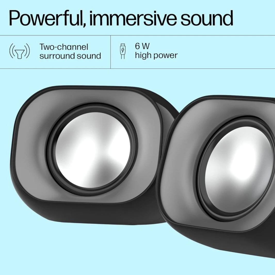 HP DHS-2111 Wired Speaker, 2-channel surround sound, 3.5mm aux connectivity, PC and phone compatible, Easy volume controls 0.27 kg, Black
