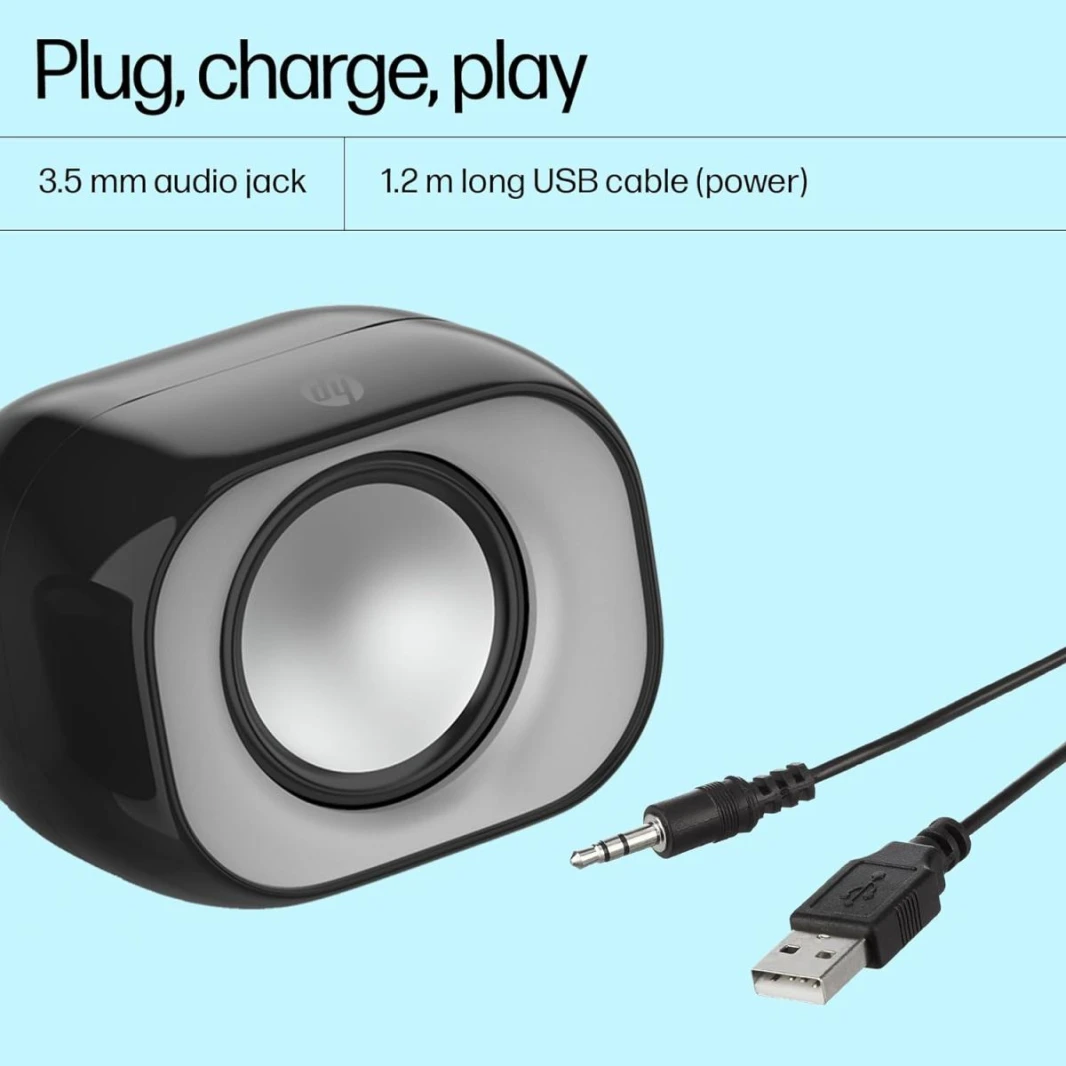 HP DHS-2111 Wired Speaker, 2-channel surround sound, 3.5mm aux connectivity, PC and phone compatible, Easy volume controls 0.27 kg, Black
