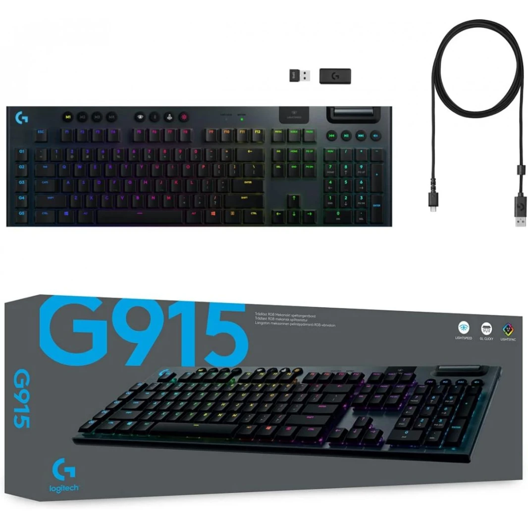 Logitech G915 LIGHTSPEED RGB Mechanical Gaming Keyboard, Low Profile GL Clicky Key Switch, LIGHTSYNC RGB, Advanced LIGHTSPEED Wireless and Bluetooth Support - Clicky, Black