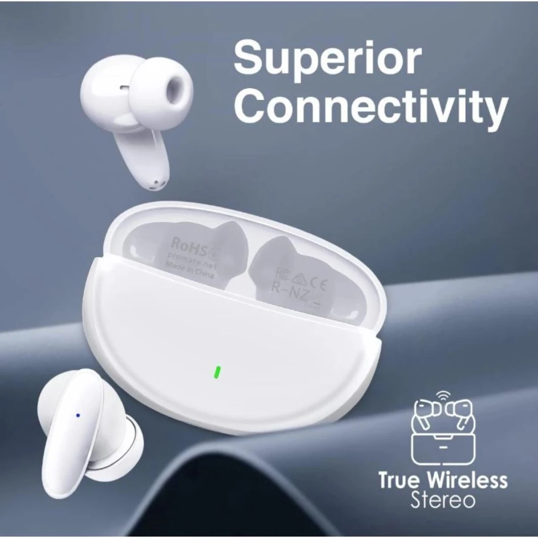 Promate True Wireless Earbuds,In-Ear Bluetooth v5.1 HD Earphones with Mic,IPX5 Water Resistance,20H Playback Time,Intelligent Touch Controls and Smart Auto - White