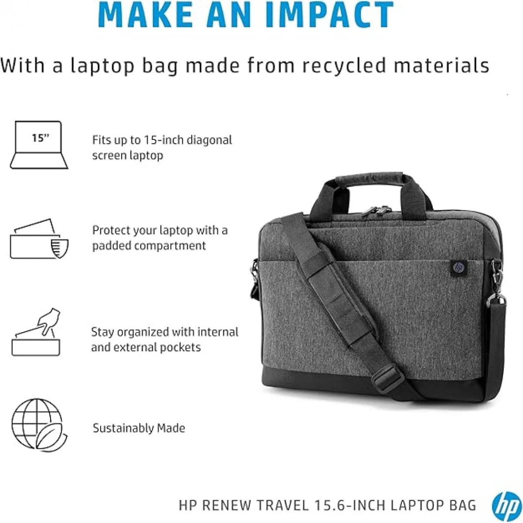 HP Renew Travel 15.6 inch Laptop Bag, Water resistant, 13 pockets, anti-theft elastic band, key fob, padded and adjustable shoulder strap, Sustainable