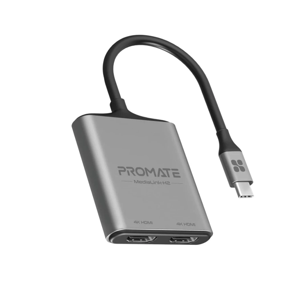Promate USB-C to HDMI Adapter, Ultra HD 4k 60hz Type-C to HDMI Adapter Converter with Dual HDMI Ports, Compact Design for MacBook Pro, iPad Air, Samsung Galaxy S22, MediaLink-H2-2 years warranty
