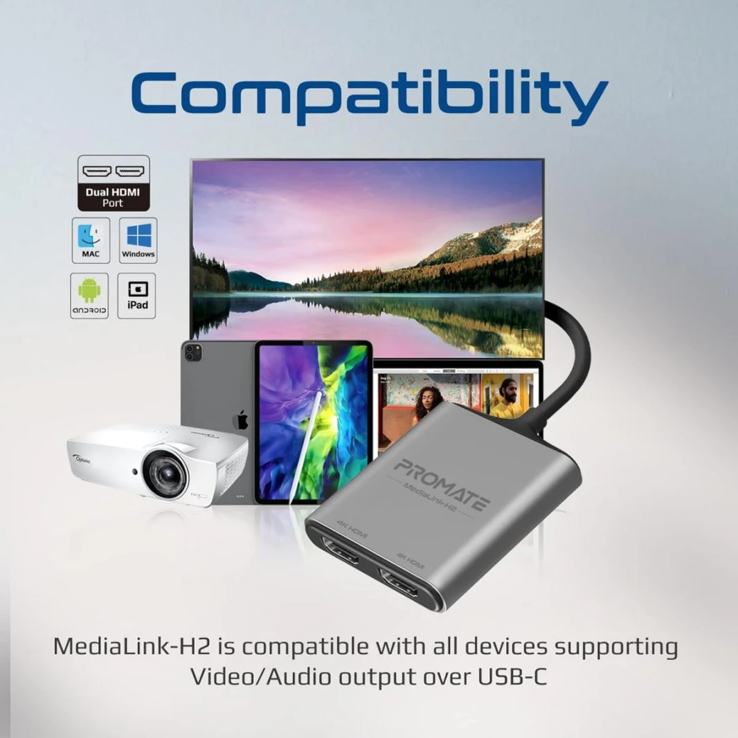 Promate USB-C to HDMI Adapter, Ultra HD 4k 60hz Type-C to HDMI Adapter Converter with Dual HDMI Ports, Compact Design for MacBook Pro, iPad Air, Samsung Galaxy S22, MediaLink-H2-2 years warranty