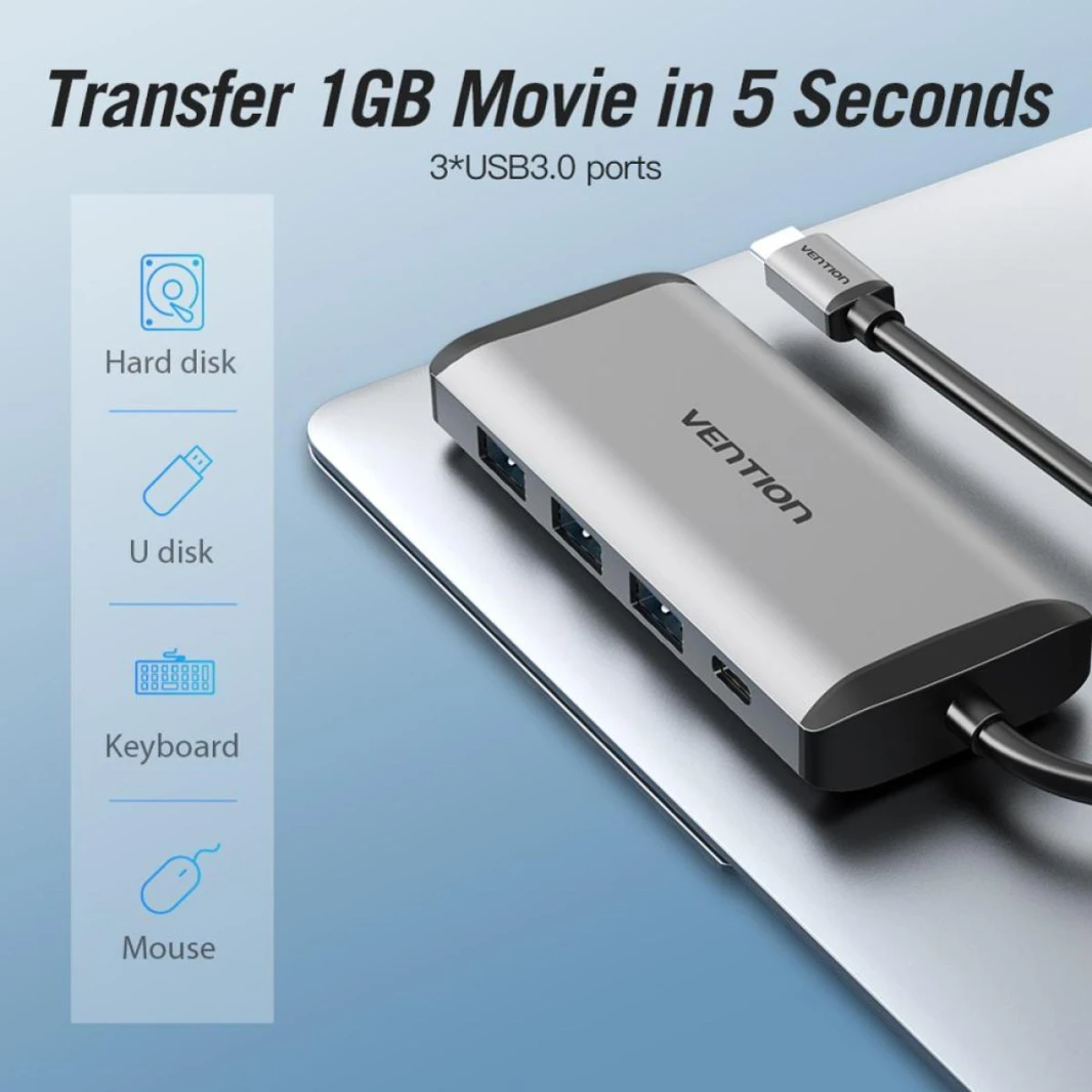 Vention 8-in-1 USB-C Docking Station Hub 8in1 4K Ultra HD Display, Ethernet, Supports SD/TF Cards, 100W PD Charging While in Use, USB x3 Port Expansion - Aluminum Alloy Shell