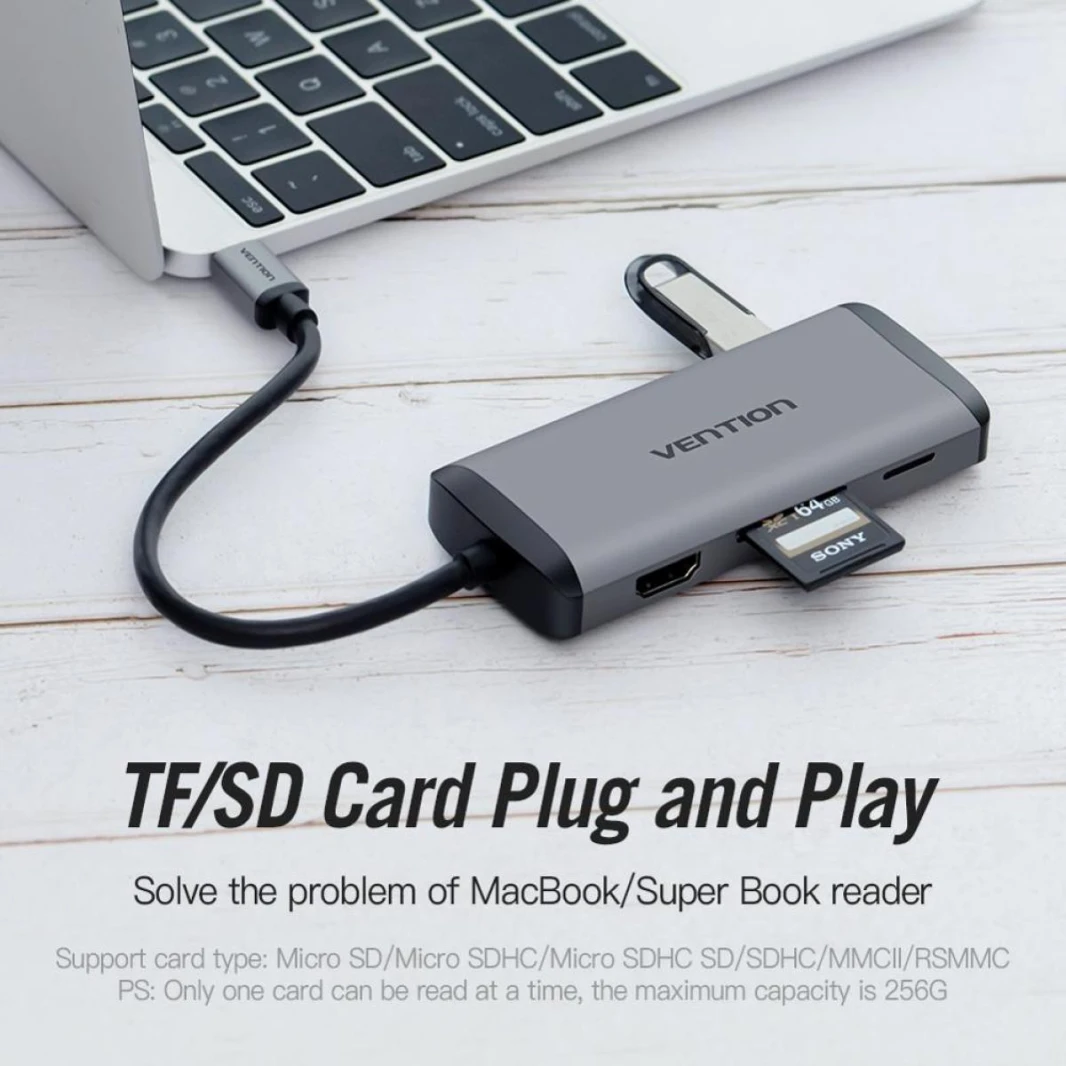 Vention 8-in-1 USB-C Docking Station Hub 8in1 4K Ultra HD Display, Ethernet, Supports SD/TF Cards, 100W PD Charging While in Use, USB x3 Port Expansion - Aluminum Alloy Shell