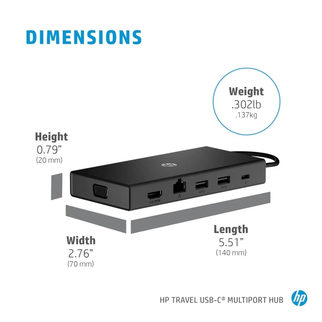 HP Travel USB-C Multi Port Hub Docking Station with USB-C, RJ-45, HDMI, SD and Micro SD Slots - 1C1Y5AA, Black