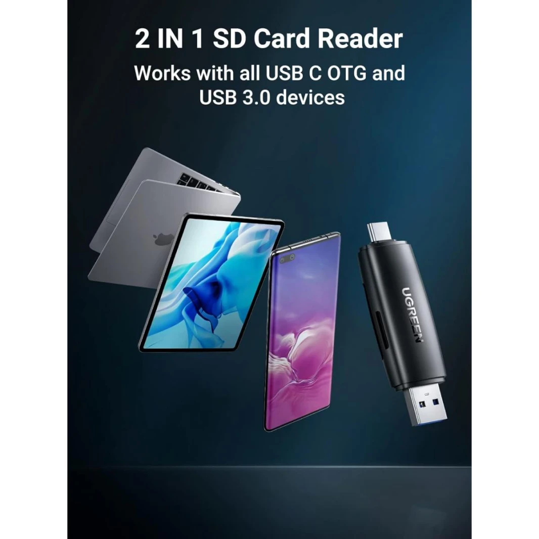UGREEN SD Card Reader, USB 3.0 & USB C External Memory Card Adapter for SD/Micro SD/TF/SDHC/SDXC/MMC/UHS-I, Compatible with iPhone 15 Pro Max, MacBook, iPad, Galaxy S22, Pixel 6
