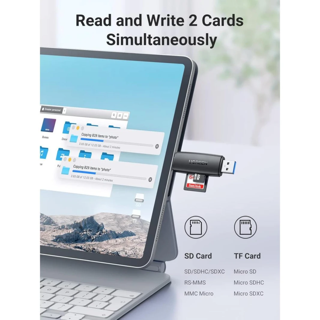 UGREEN SD Card Reader, USB 3.0 & USB C External Memory Card Adapter for SD/Micro SD/TF/SDHC/SDXC/MMC/UHS-I, Compatible with iPhone 15 Pro Max, MacBook, iPad, Galaxy S22, Pixel 6