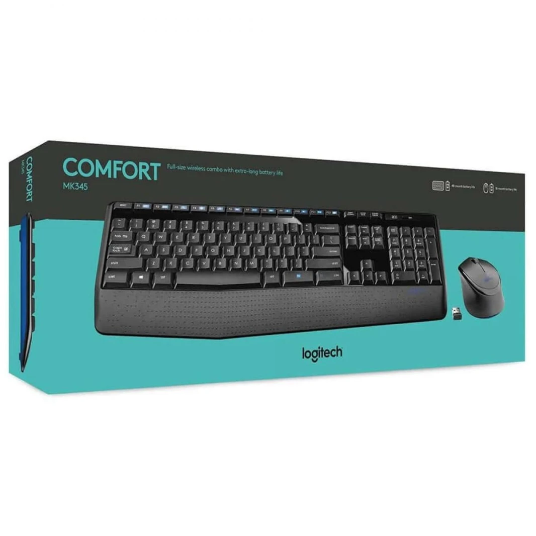 Logitech MK345 Wireless Combo Full-Sized Keyboard with Palm Rest and Comfortable Right-Handed Mouse, 2.4 GHz Wireless USB Receiver, Compatible with PC, Laptop,Black