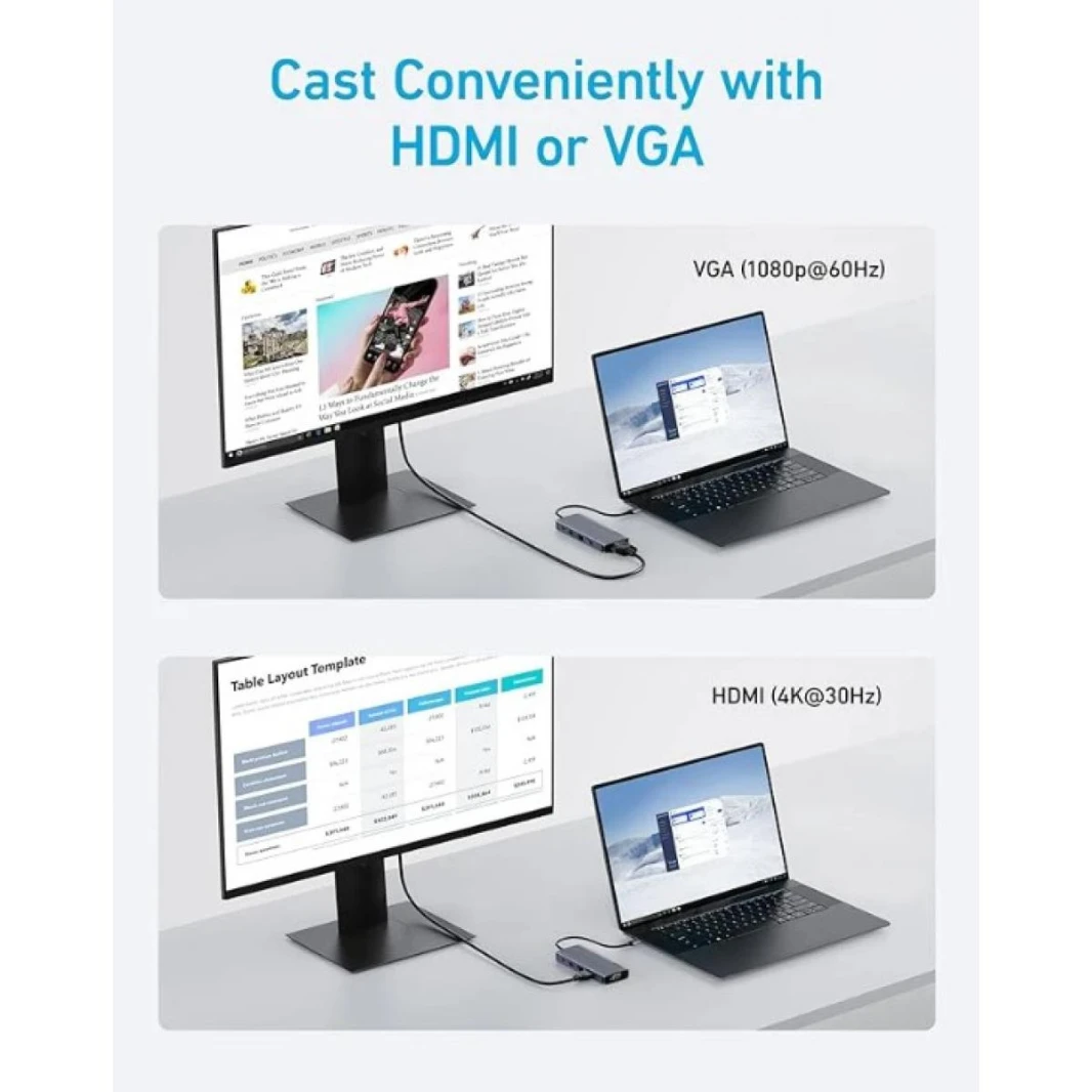 Anker USB C Hub, Dual-Display USB-C Hub 10-in-1 4K HDMI, 1080p VGA, 5 Gbps USB-C port, Three 5 Gbps USB-A, 100W USB-C PD-IN, an Ethernet, & SD / TF card slot - 18 Month Warranty