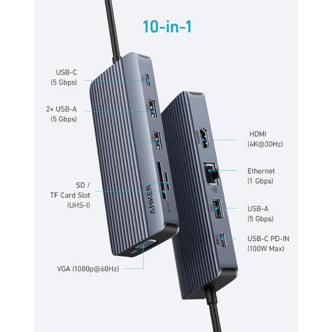 Anker USB C Hub, Dual-Display USB-C Hub 10-in-1 4K HDMI, 1080p VGA, 5 Gbps USB-C port, Three 5 Gbps USB-A, 100W USB-C PD-IN, an Ethernet, & SD / TF card slot - 18 Month Warranty