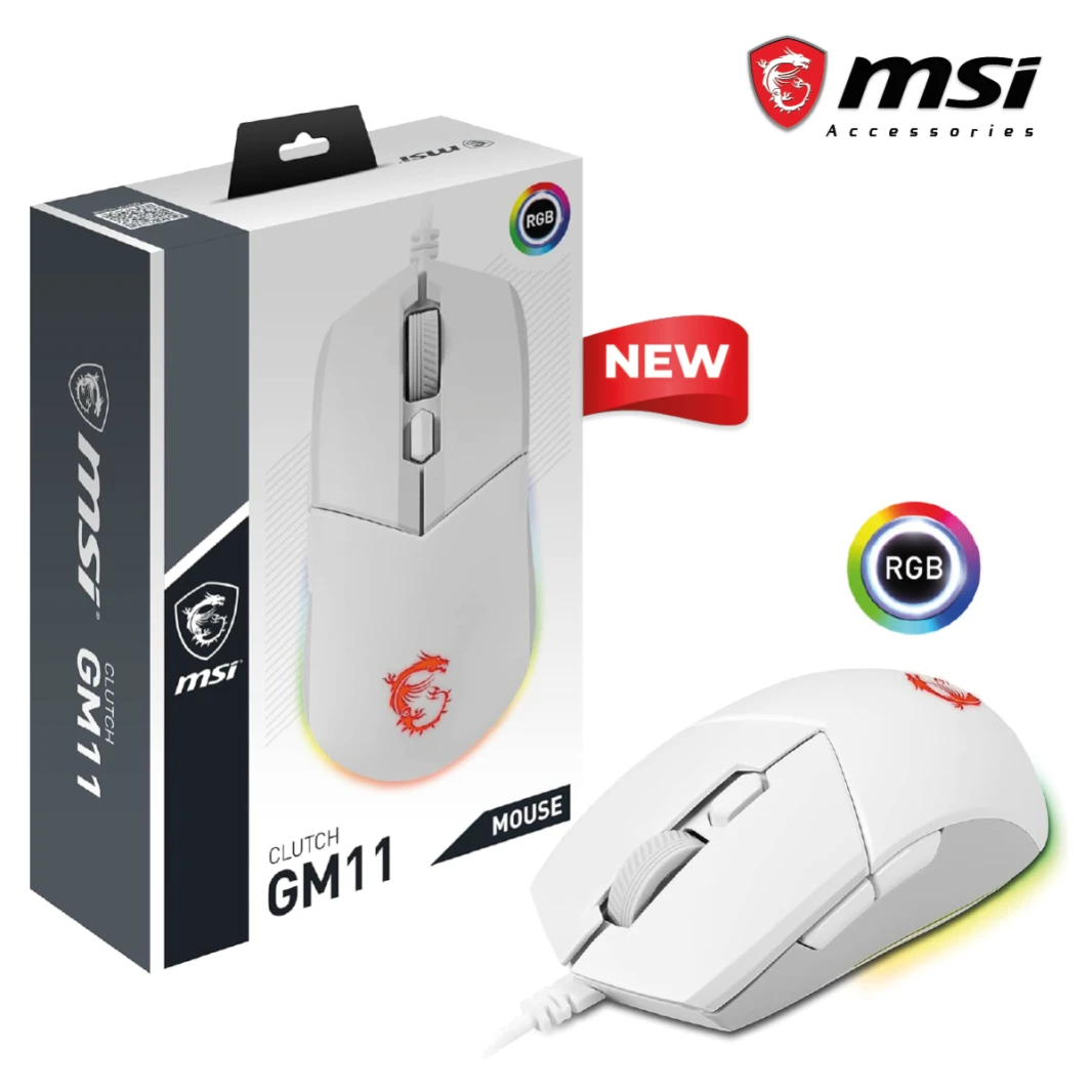 MSI Clutch GM11 White Gaming Mouse, 5000 DPI, 10M Omron Switches, Optical Sensor, Symmetrical Ergonomic Design, RGB Mystic Light Compatible