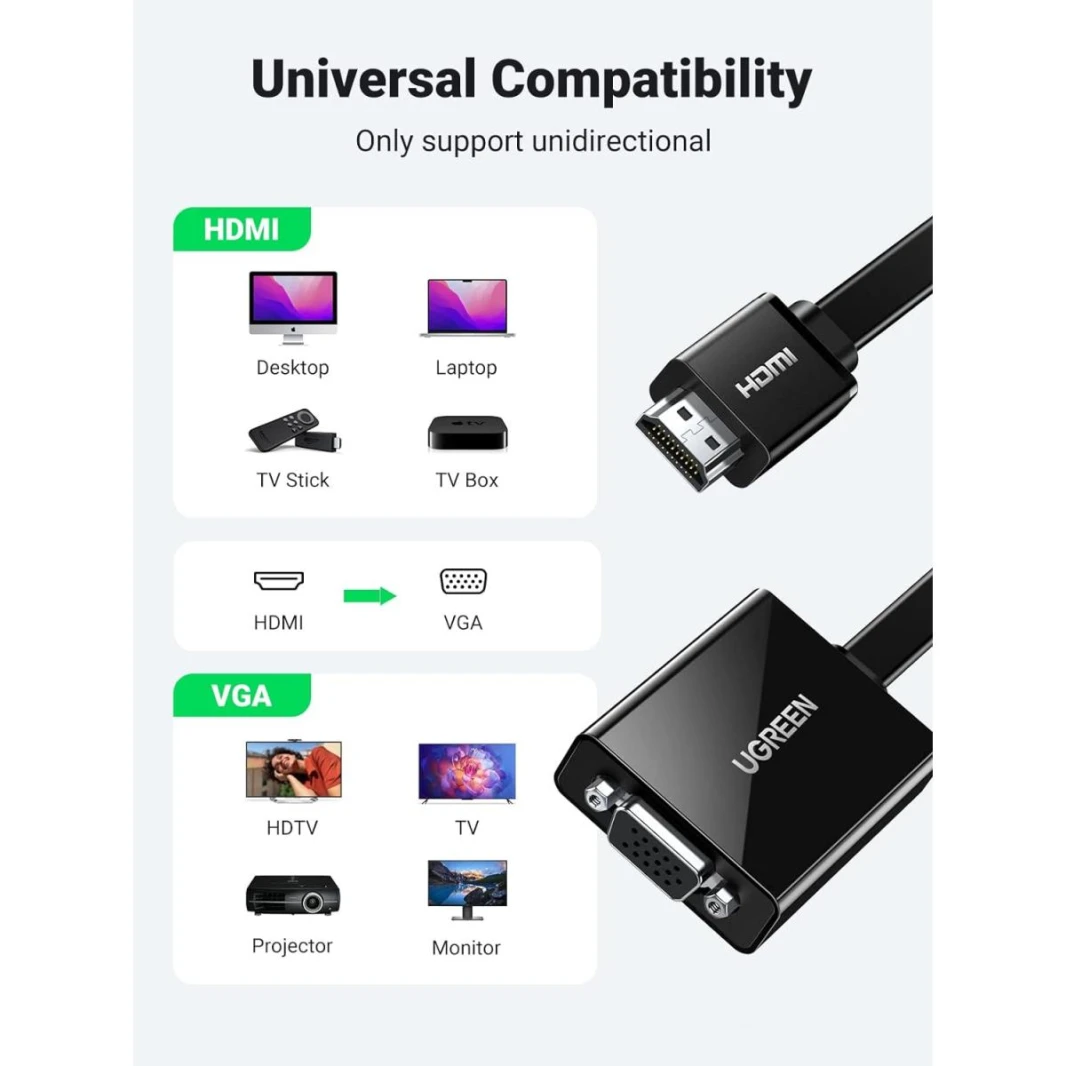 UGREEN Active HDMI to VGA Adapter with 3.5mm Audio Jack HDMI Male to VGA Female up to 1080P for PC Laptop Ultrabook Raspberry Pi Chromebook Black