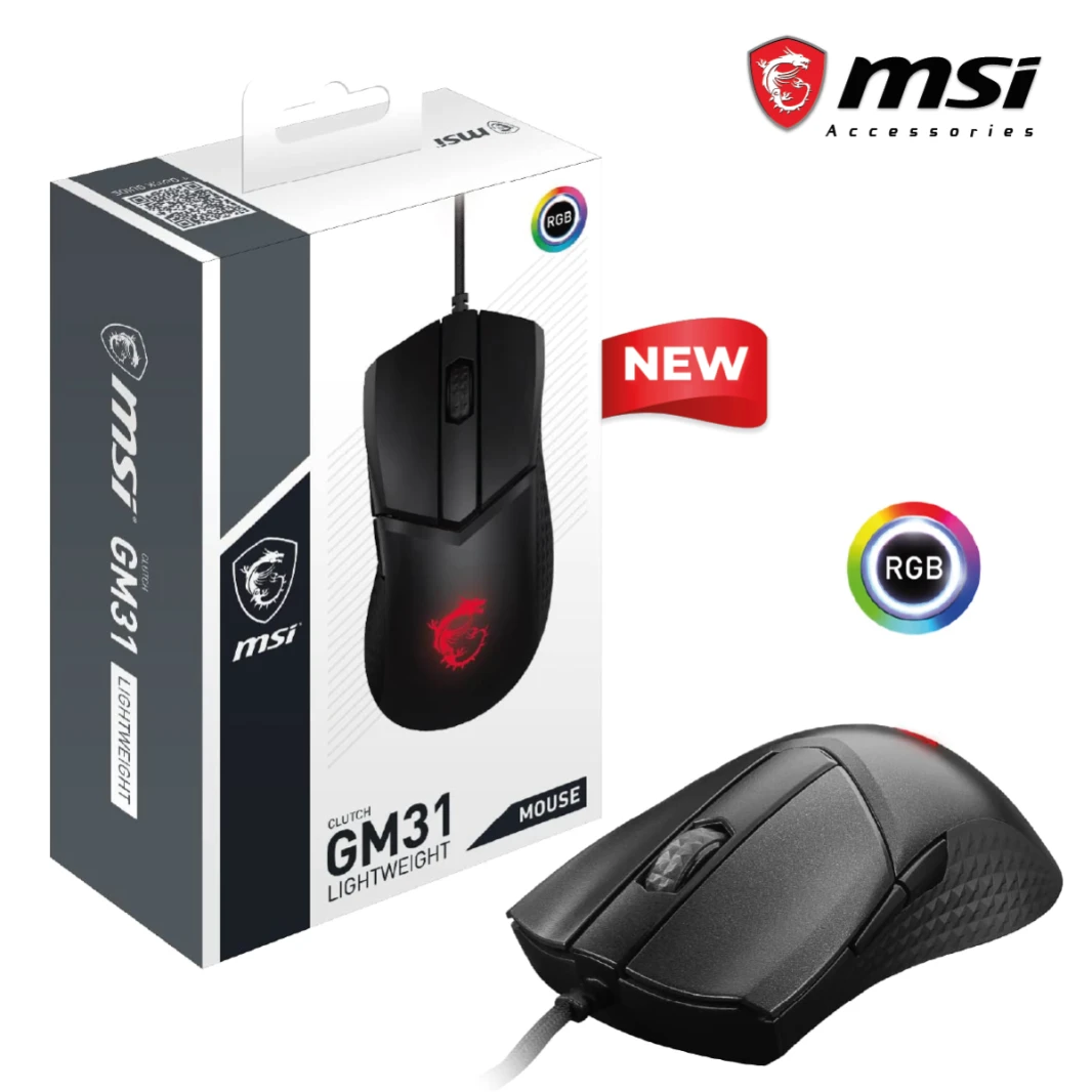 MSI CLUTCH GM31 LIGHTWEIGHT Gaming Mouse - 12000 DPI Optical Sensor, Right-Handed, 60M+ Click OMRON Switches, 6-Buttons, FriXionFree Cable, 1ms Latency, RGB Mystic Light, 58g