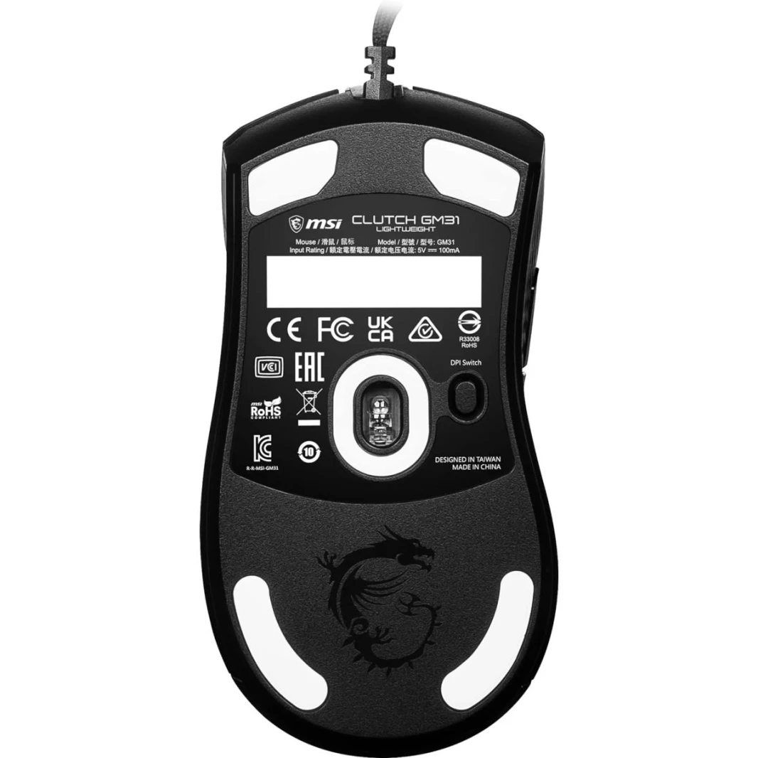 MSI CLUTCH GM31 LIGHTWEIGHT Gaming Mouse - 12000 DPI Optical Sensor, Right-Handed, 60M+ Click OMRON Switches, 6-Buttons, FriXionFree Cable, 1ms Latency, RGB Mystic Light, 58g
