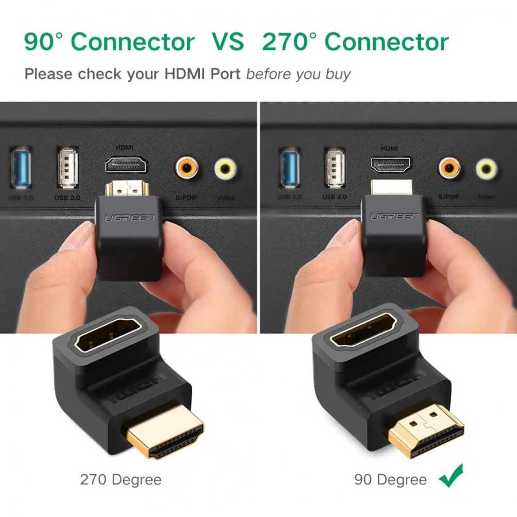 UGREEN 20109 HDMI Adapter Right Angle 90 Degree Gold Plated HDMI Male to Female Connector Supports 4K for TV Stick