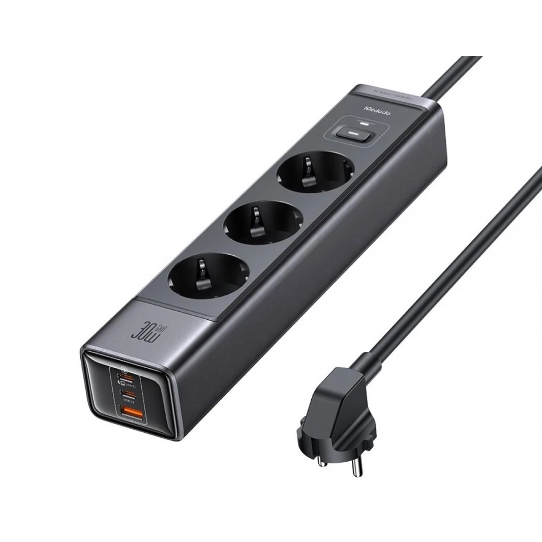Mcdodo Surge Protection Power Strip with 6 Outputs Including 2 USB-C Ports,1 USB-A Port,& 3 AC Outlets USB-C port supports Max.30W fast charging for laptops, phones - 18 Months Warranty