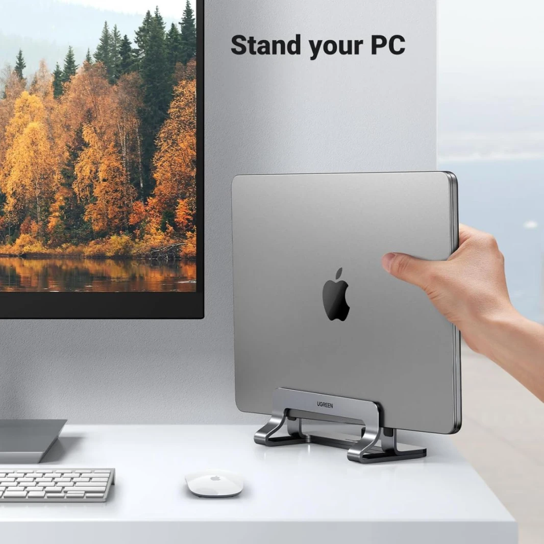 UGREEN Vertical Laptop Stand Holder for Desk Compatible with MacBook Pro, MacBook Air Stand Vertical Aluminum Adjustable for Up to 17.3 Inch Gaming Laptop, Gray