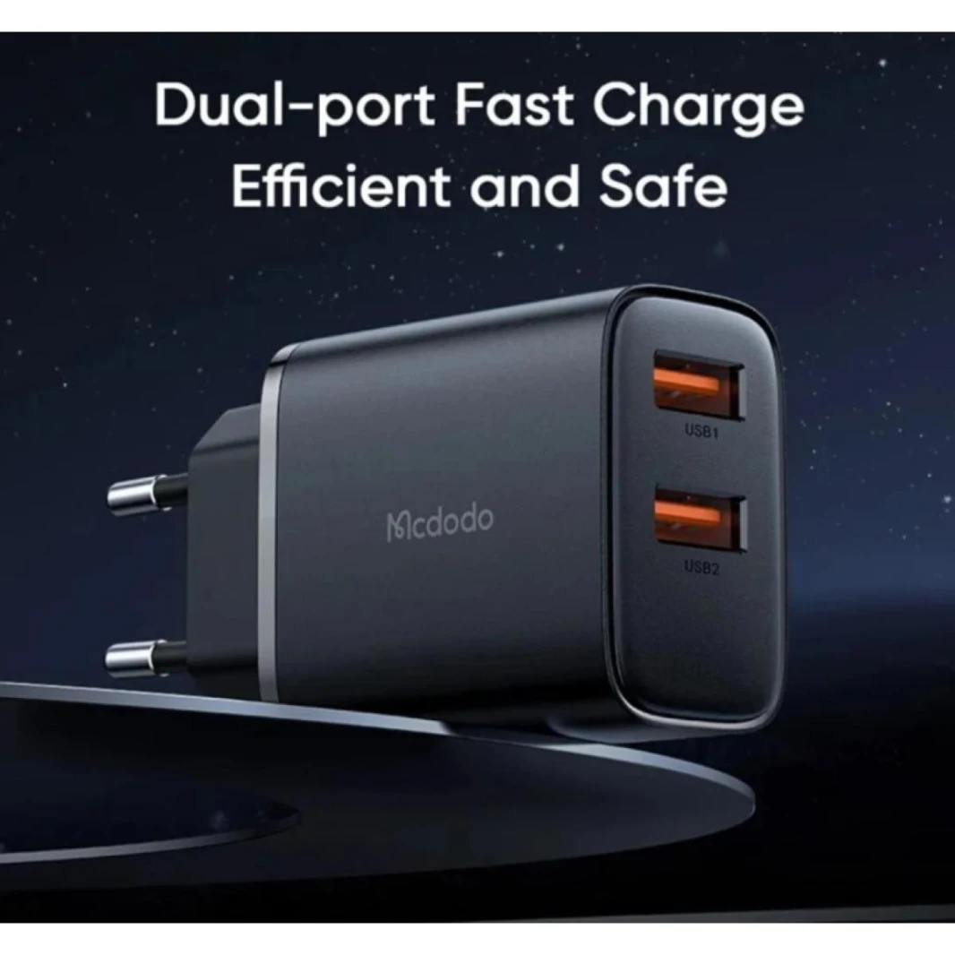 Mcdodo CH-5071 USB-A X 2 Port 12W Fast Wall Charger + USB-A to Lightning Cable - (black) - 18 Months Warranty
