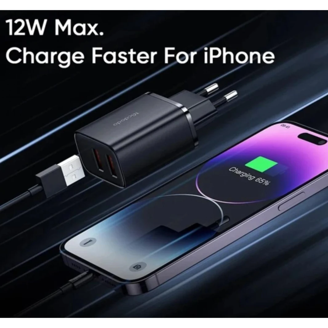 Mcdodo CH-5071 USB-A X 2 Port 12W Fast Wall Charger + USB-A to Lightning Cable - (black) - 18 Months Warranty