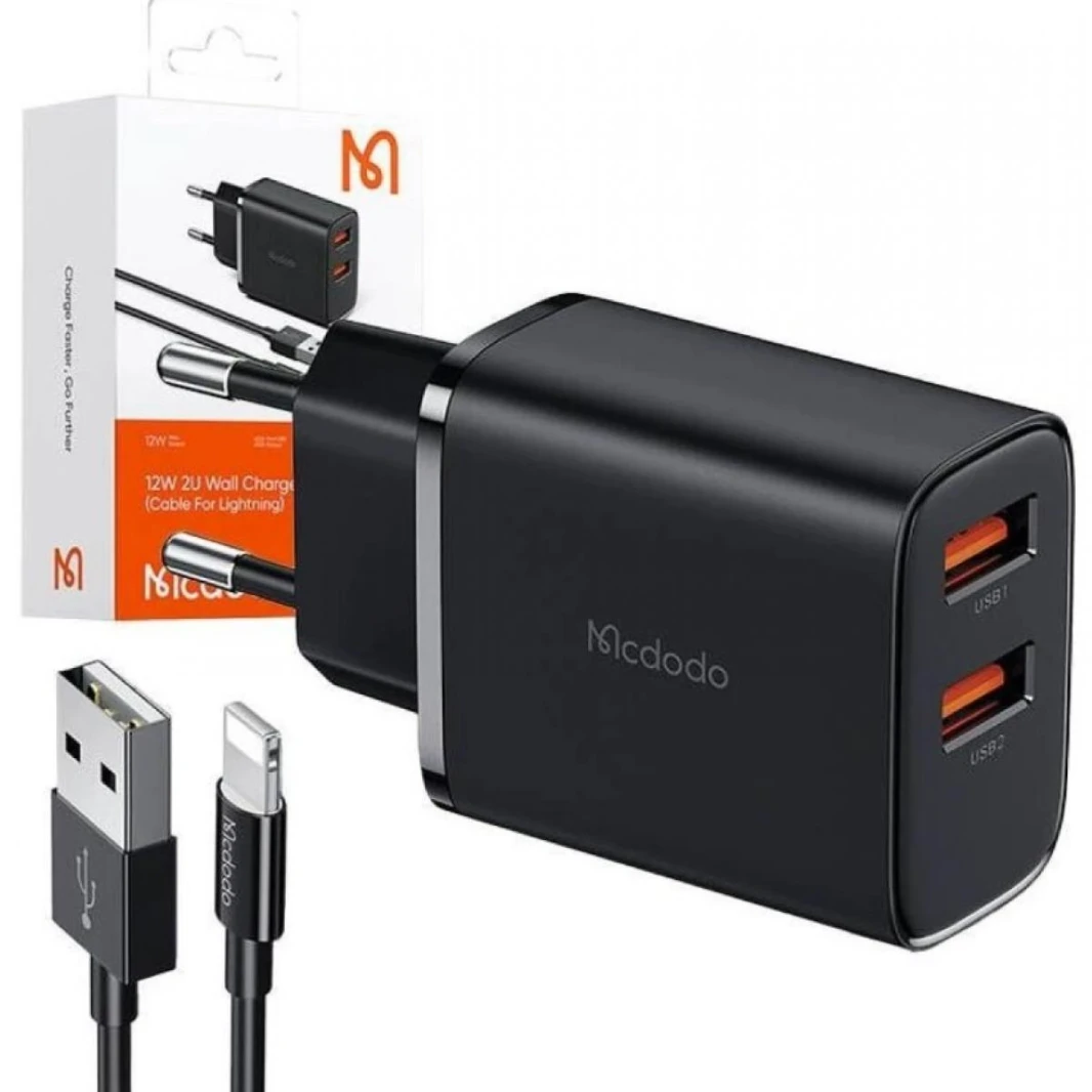 Mcdodo CH-5071 USB-A X 2 Port 12W Fast Wall Charger + USB-A to Lightning Cable - (black) - 18 Months Warranty