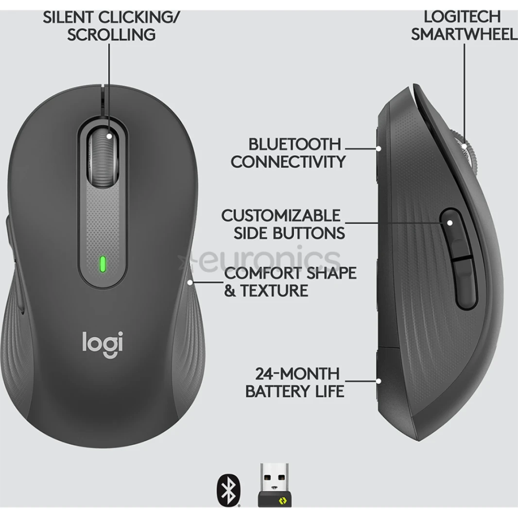 Logitech Signature M650 Silent Clicks, Customizable Side Buttons, Bluetooth, for PC/Mac/Multi-Device/Chromebook (Wireless & Bluetooth) - Black
