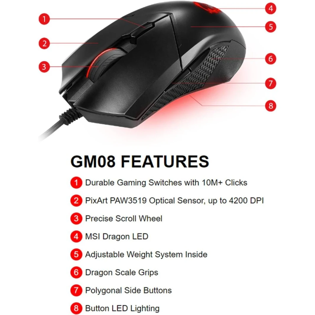 MSI Clutch GM08 Gaming Mouse, 4200 DPI, Optical Sensor, 3 Adjustable Weights, Red LED Lighting, Symmetrical Design, Black