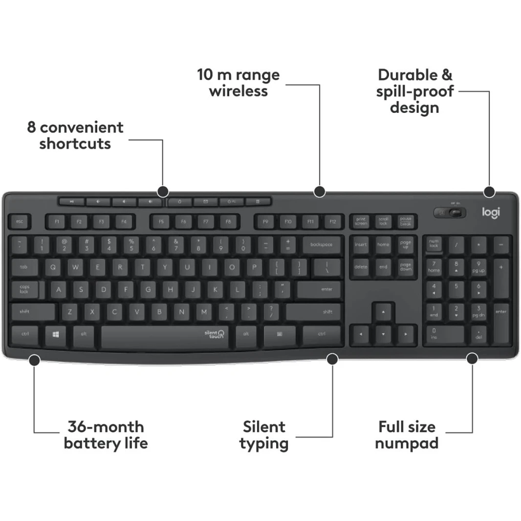 Logitech MK295 Arabic Version Wireless Mouse & Keyboard Combo with SilentTouch Technology, Full Numpad, Advanced Optical Tracking, Lag-Free Wireless, 90% Less Noise - Graphite