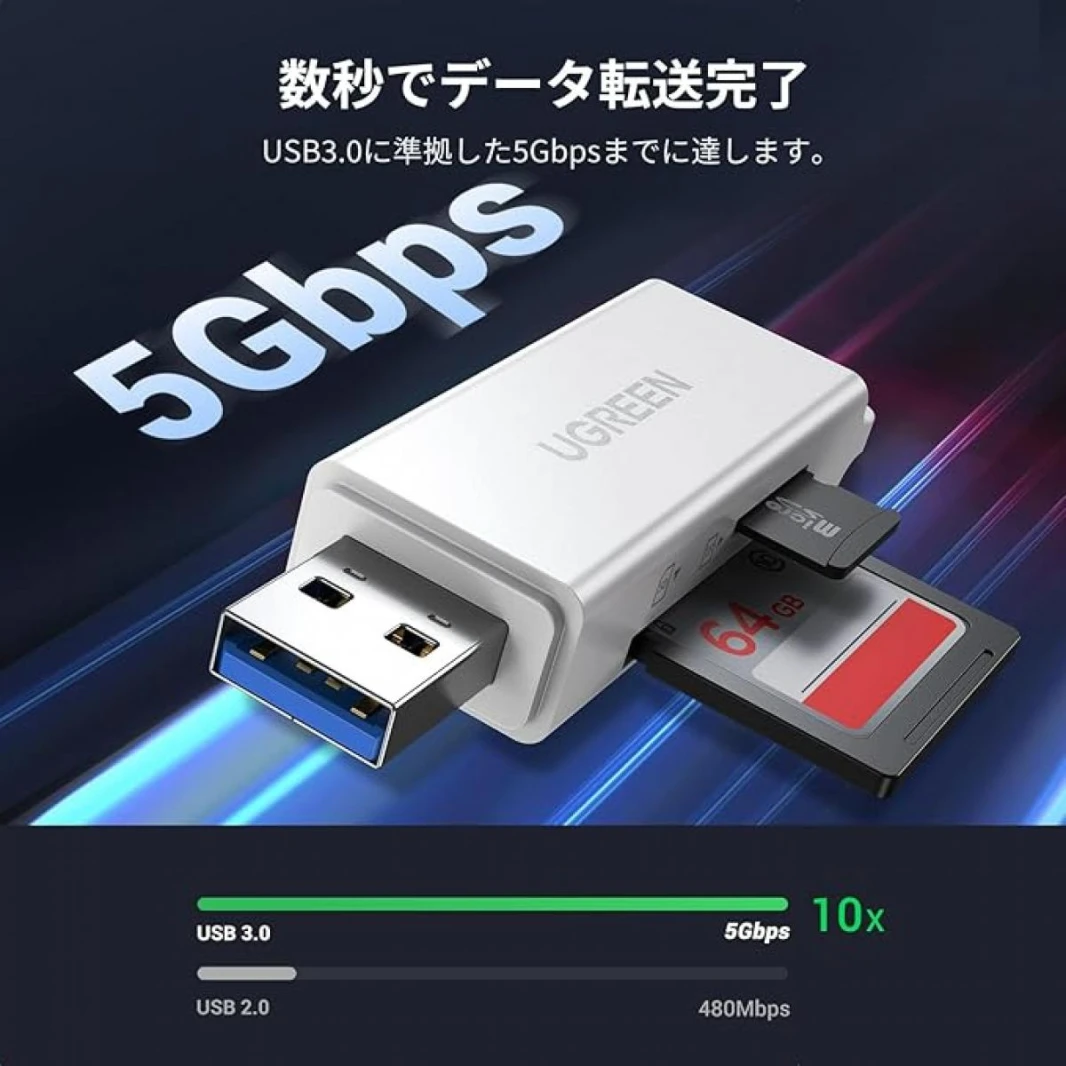 UGREEN SD Card Reader Memory Card Adapter USB 3.0 to UHS-I SD, Micro SD, SDXC, SDHC, Micro SDXC, Micro SDHC, MMC, RS-MMC Adaptor Hub with 2 Slots,Cap,keychain for MacBook Pro,Windows,Linux