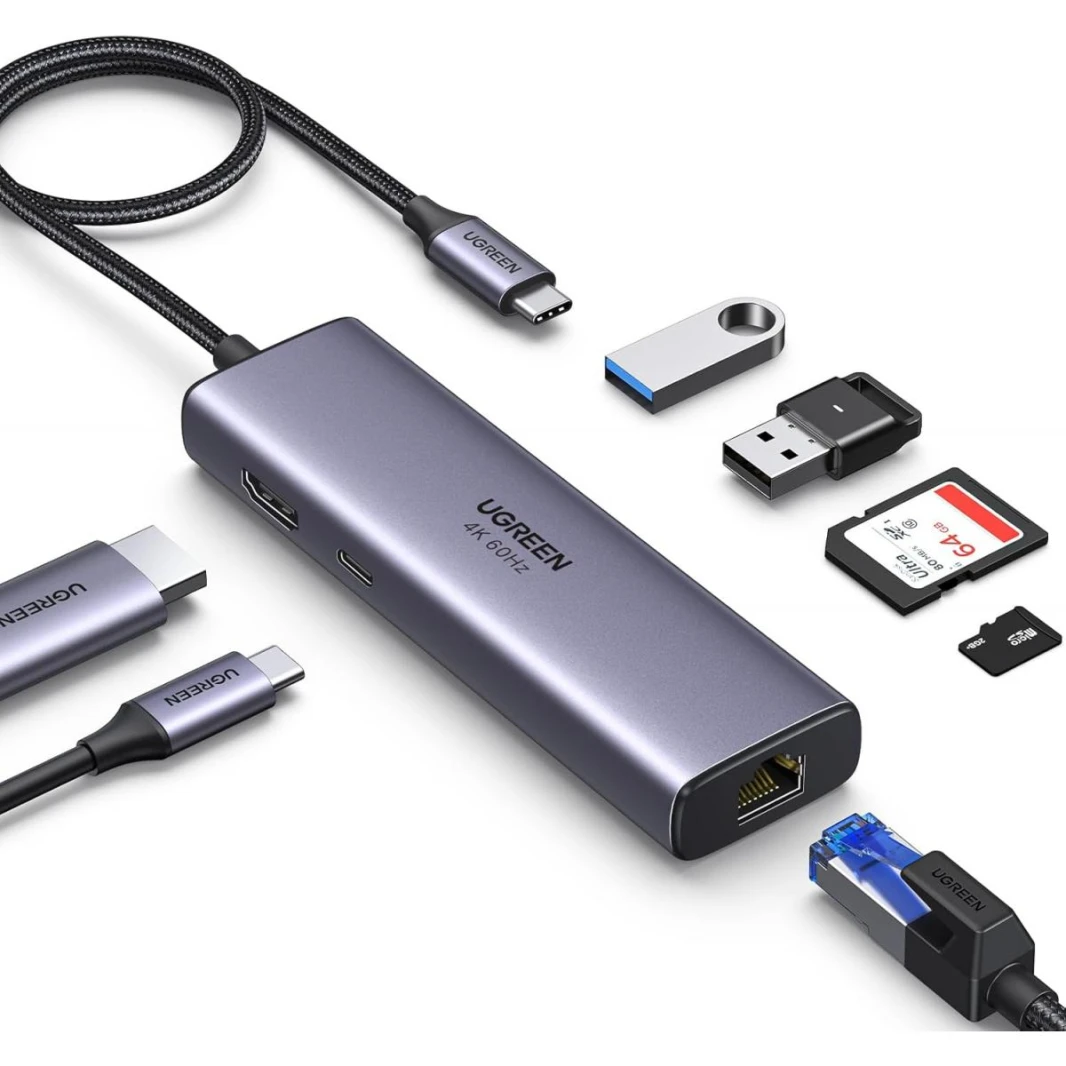 UGREEN Revodok 7 in 1 USB C Hub Gigabit Ethernet Adapter 4K@60Hz HDMI, 100W PD Charging, USB A Data Ports, SD/TF Card Reader Compatible w/ iPad, iPhone 15 Pro/Pro Max, Steam Deck