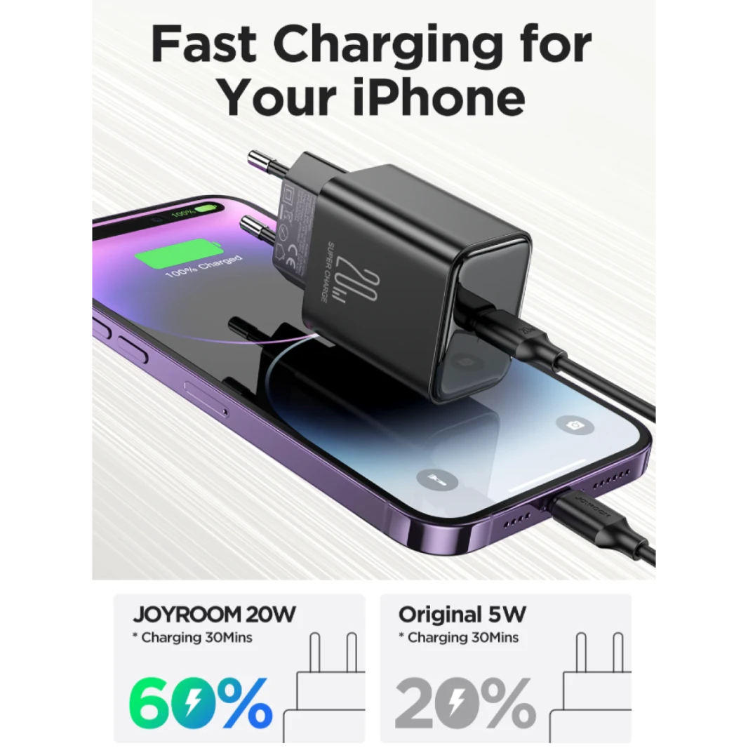 JOYROOM JR-TCF06 PD 20W Charger  / With a C to L Cable 1m Smart chip, safe for battery Charging with less heat, harmless to phone / 18 Months Warranty