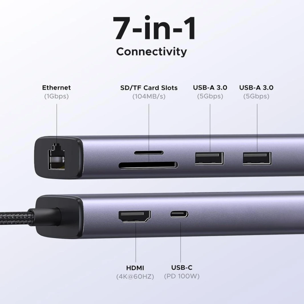 UGREEN Revodok 7 in 1 USB C Hub Gigabit Ethernet Adapter 4K@60Hz HDMI, 100W PD Charging, USB A Data Ports, SD/TF Card Reader Compatible w/ iPad, iPhone 15 Pro/Pro Max, Steam Deck