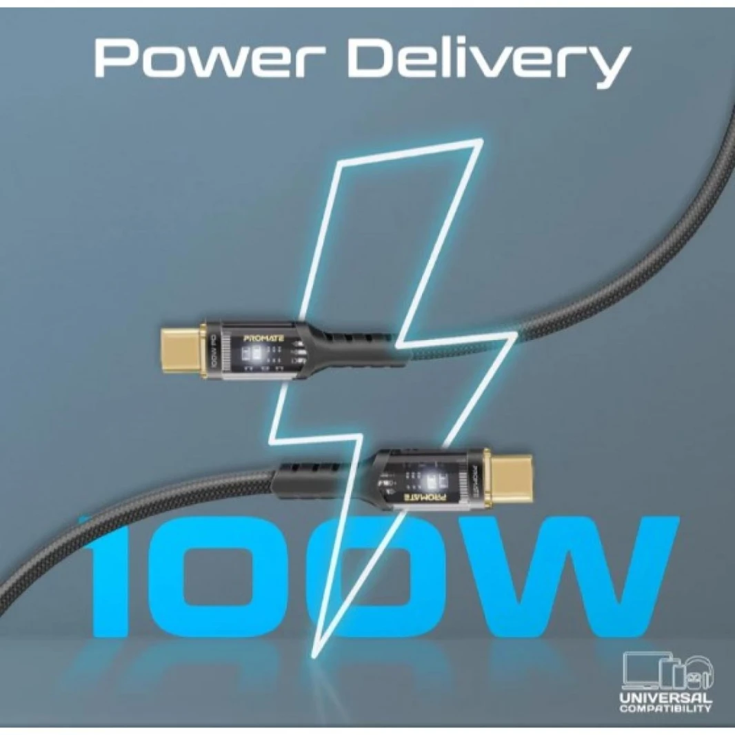 Promate USB-C™ to USB-C™ Cable, Fast-Charging 100W Power Delivery with Transparent Tips, LED, 480Mbps Data Sync, 120cm Nylon Braided Cord for Smartphones, Laptops
