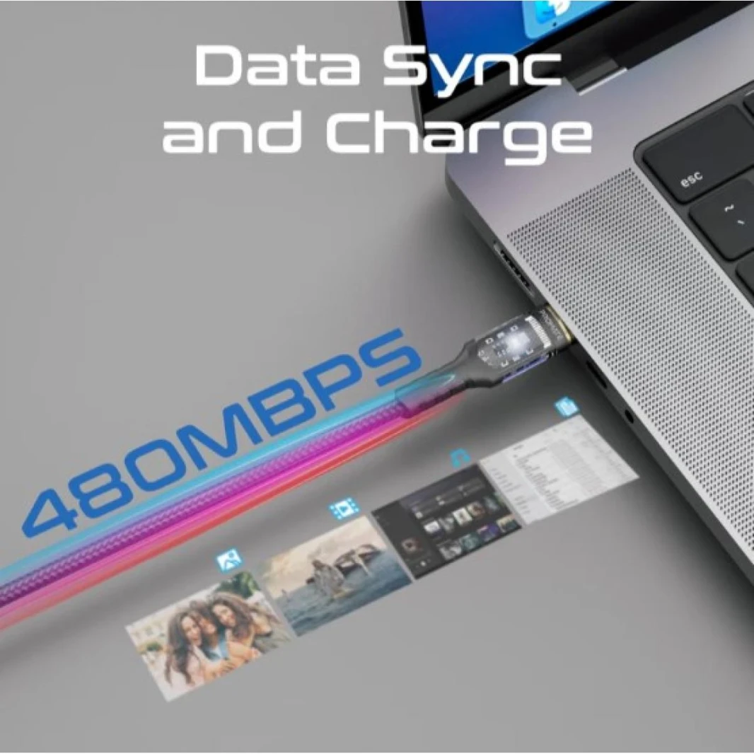 Promate USB-C™ to USB-C™ Cable, Fast-Charging 100W Power Delivery with Transparent Tips, LED, 480Mbps Data Sync, 120cm Nylon Braided Cord for Smartphones, Laptops