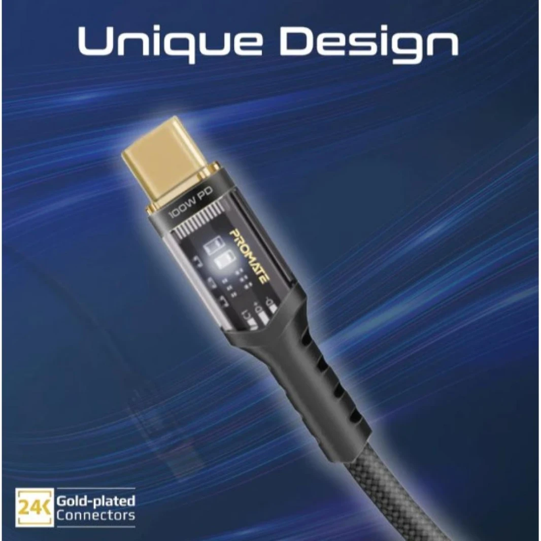 Promate USB-C™ to USB-C™ Cable, Fast-Charging 100W Power Delivery with Transparent Tips, LED, 480Mbps Data Sync, 120cm Nylon Braided Cord for Smartphones, Laptops