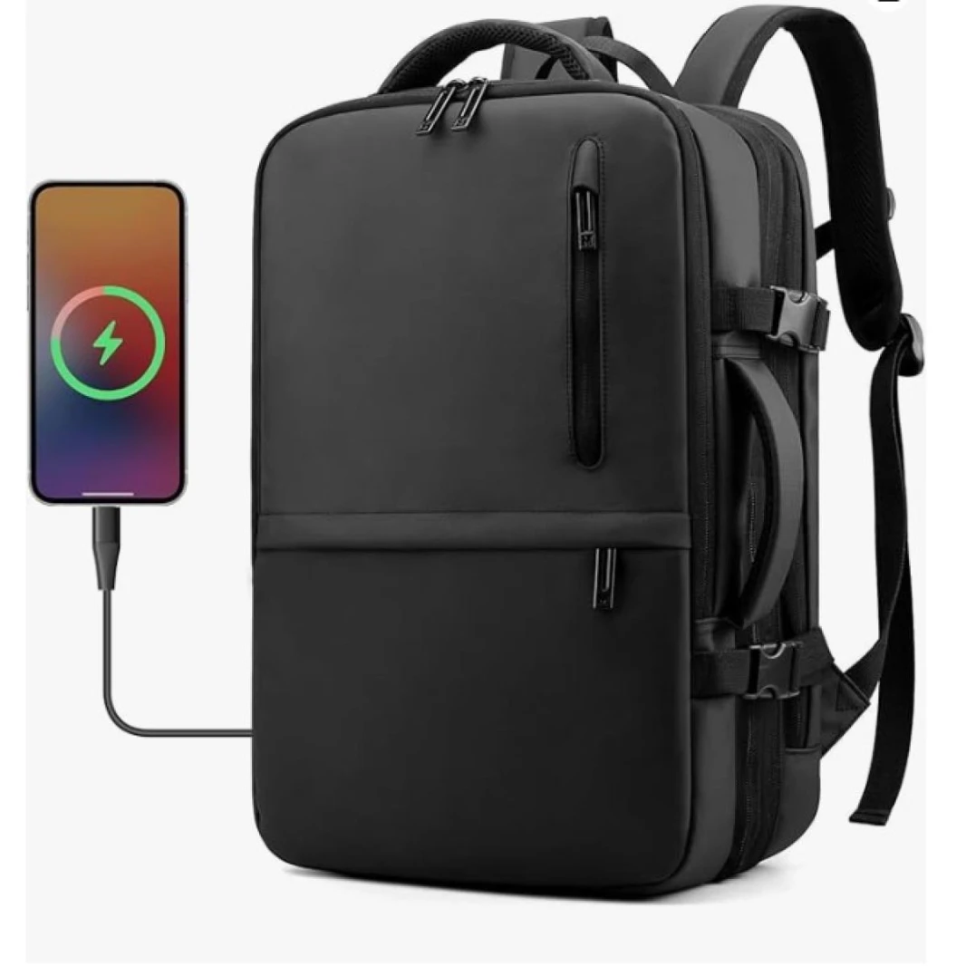 New Backpack Laptop Simple Business Travel Oxford Cloth Waterproof Expandable Size Multi-Section & USB Power Charger Extension Up to 17" Laptop Size - Black
