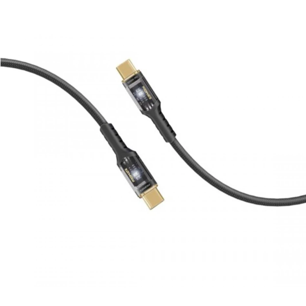 Promate USB-C™ to USB-C™ Cable, Fast-Charging 100W Power Delivery with Transparent Tips, LED, 480Mbps Data Sync, 120cm Nylon Braided Cord for Smartphones, Laptops