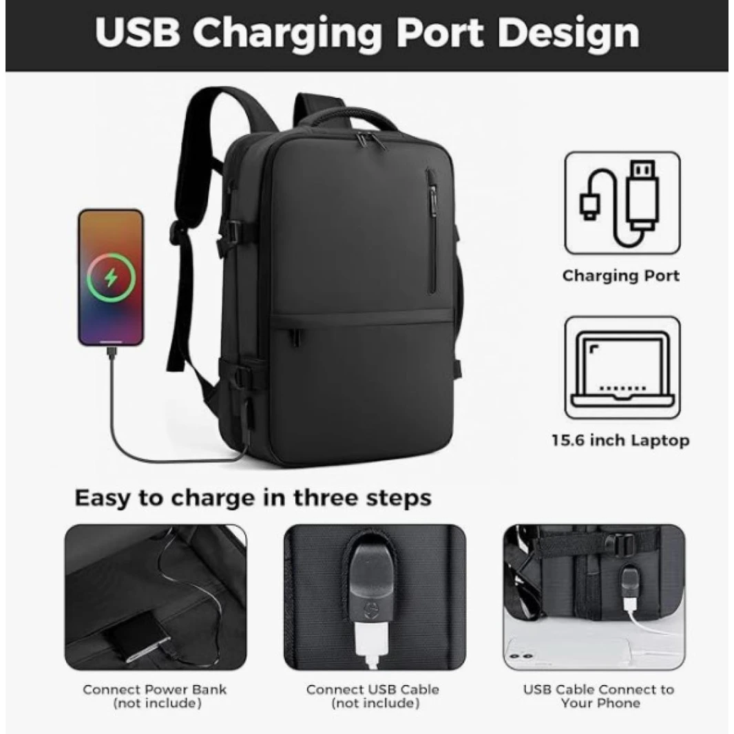 New Backpack Laptop Simple Business Travel Oxford Cloth Waterproof Expandable Size Multi-Section & USB Power Charger Extension Up to 17" Laptop Size - Black