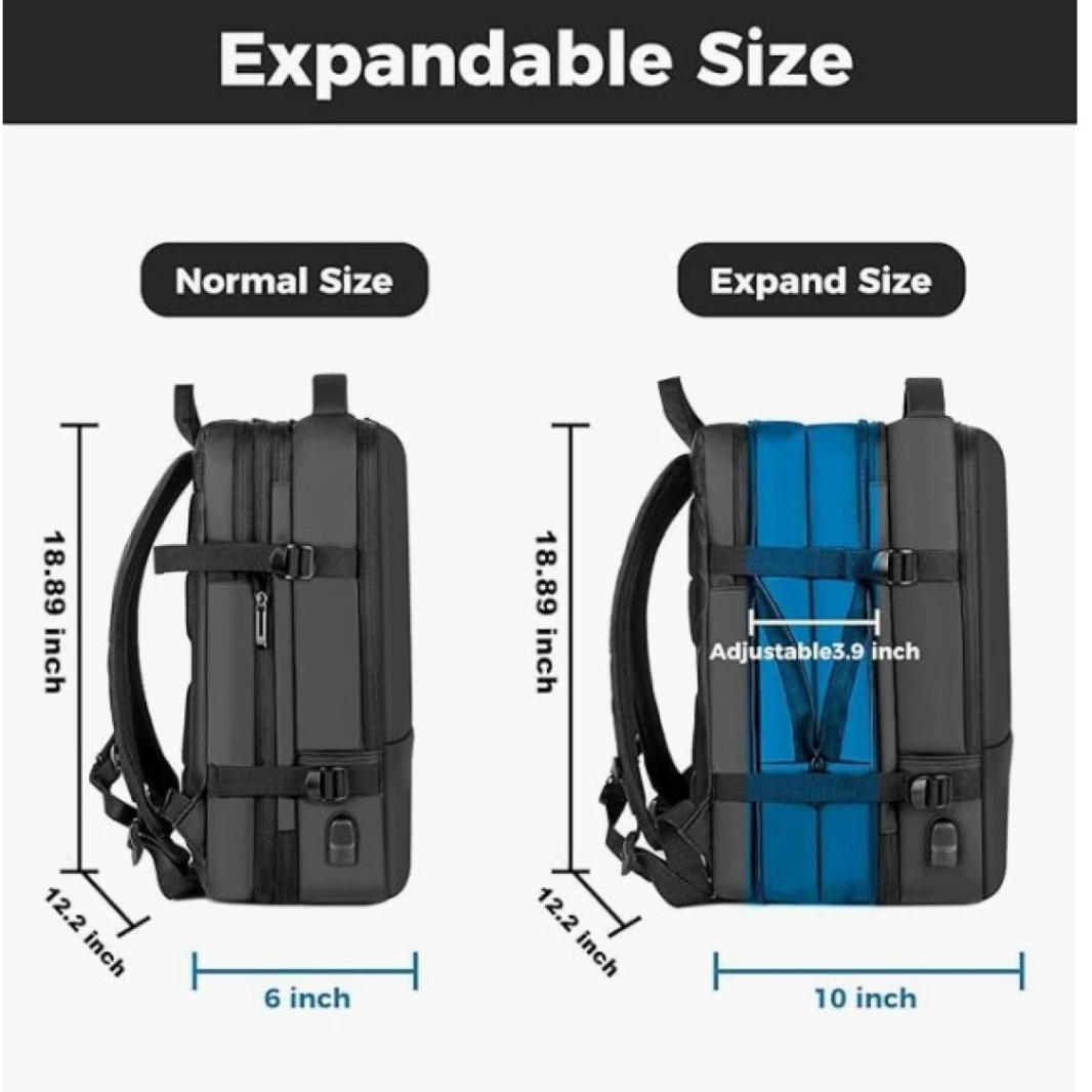 New Backpack Laptop Simple Business Travel Oxford Cloth Waterproof Expandable Size Multi-Section & USB Power Charger Extension Up to 17" Laptop Size - Black