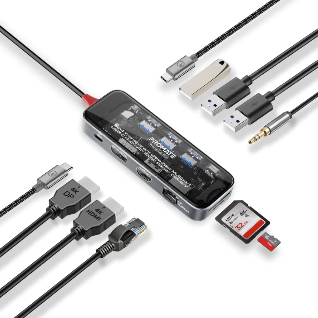 Promate USB-C Hub, 11in1 Multi-Display Hub with Dual 4K HDMI, 4K DisplayPorts, Ultra-Fast 1000Mbps LAN, AUX, SD/TF Card Slot, USB Ports, Efficient 100W USB-C™ Power Delivery
