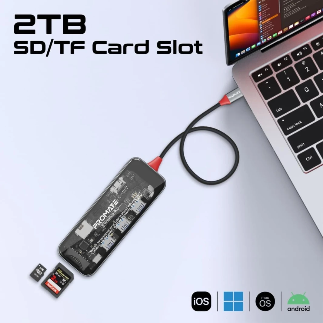 Promate USB-C™ Hub, 9in1 Premium Multi-Display Media Hub with Prime 4K@60Hz HDMI, 1000Mbps High-Speed LAN, SD/TF Card Slot, Dual USB-A 5Gbps Ports, 100W USB-C™ Power Delivery