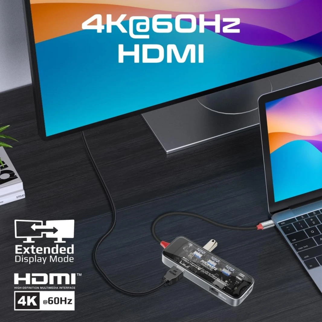 Promate USB-C™ Hub, 9in1 Premium Multi-Display Media Hub with Prime 4K@60Hz HDMI, 1000Mbps High-Speed LAN, SD/TF Card Slot, Dual USB-A 5Gbps Ports, 100W USB-C™ Power Delivery