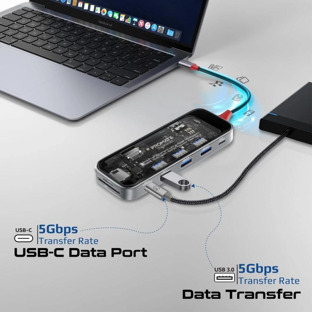 Promate USB-C™ Hub, 9in1 Premium Multi-Display Media Hub with Prime 4K@60Hz HDMI, 1000Mbps High-Speed LAN, SD/TF Card Slot, Dual USB-A 5Gbps Ports, 100W USB-C™ Power Delivery