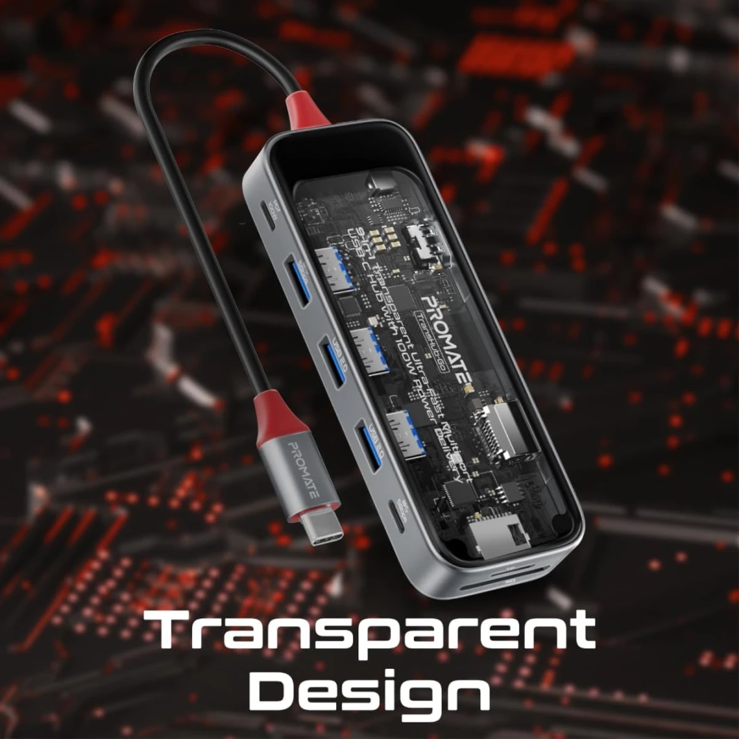 Promate USB-C™ Hub, 9in1 Premium Multi-Display Media Hub with Prime 4K@60Hz HDMI, 1000Mbps High-Speed LAN, SD/TF Card Slot, Dual USB-A 5Gbps Ports, 100W USB-C™ Power Delivery