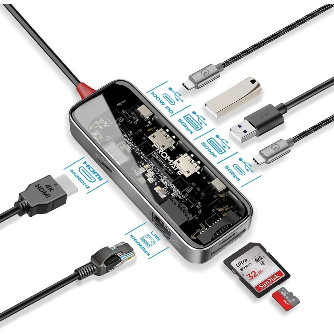 Promate USB-C Hub, 8in1 Transparent Multi-Display Hub with 4K HDMI, 1000Mbps LAN, SD/TF Card Slot, Dual 5Gbps USB-A Ports, USB-C Port, 100W USB-C Power